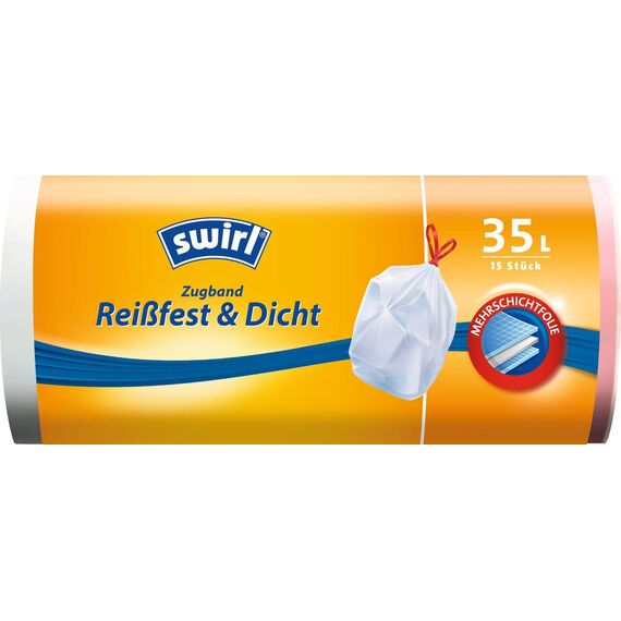 Swirl Zugband-Müllbeutel, 35 Liter, 9 Rollen mit je 15 Beuteln, Weiß