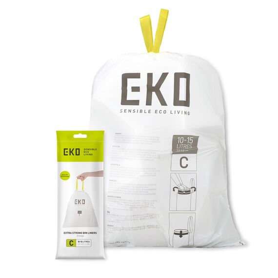 EKO Müllbeutel Größe C (10L- 15L), extra starke Müllsäcke mit Zugband für Küchenmülleimer, 20 Beutel, 1 Packung, weiß, reißfeste Mülltüten für sicheren Halt am Mülleimer