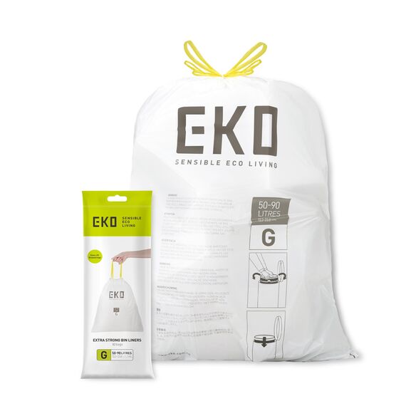 EKO Müllbeutel Größe G (50L- 90L), extra starke Müllsäcke mit Zugband für Küche, 10 Beutel, weiß, Perfect Fit, Geeignet für Großer Mülleimer mit 50L, 60L, 70L, 80L, 90L
