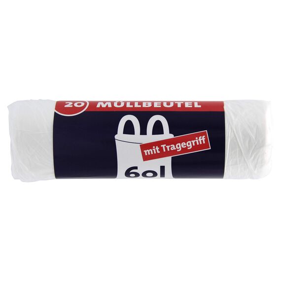 100 Müllbeutel/Mülltüten mit Tragegriff, 60 Liter, 20 Stück pro Rolle, Reißfest & Flüssigkeitsdicht, Produkt & Verpackung recyclebar (5er Pack)