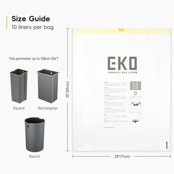 EKO Müllbeutel Größe G (50L- 90L), extra starke Müllsäcke mit Zugband für Küche, 10 Beutel, weiß, Perfect Fit, Geeignet für Großer Mülleimer mit 50L, 60L, 70L, 80L, 90L