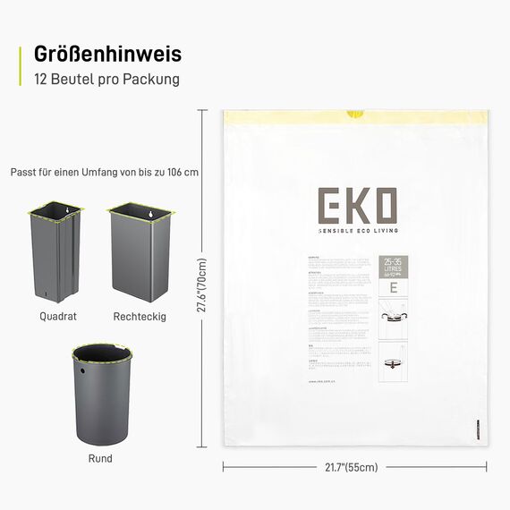 EKO Müllbeutel 25–35L, Reißfeste Müllsäcke mit praktischem Zugband, Größe E, Extra starke & dichte Mülltüten für Küchenmülleimer, 12 Stück, Weiß
