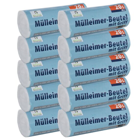 400 Stück Müllbeutel Premiumline: 20 Liter, 10er Pack, Größe: 50 x 51 cm - Besonders reißfest und wasserdicht - Mit Trage-Griff/Henkel