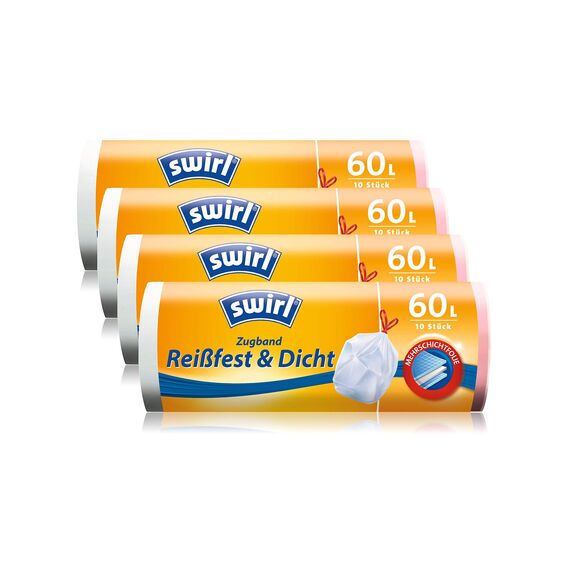 Swirl Zugband-Müllbeutel, 60 Liter, Weiß, 10 Stück (4er Pack)
