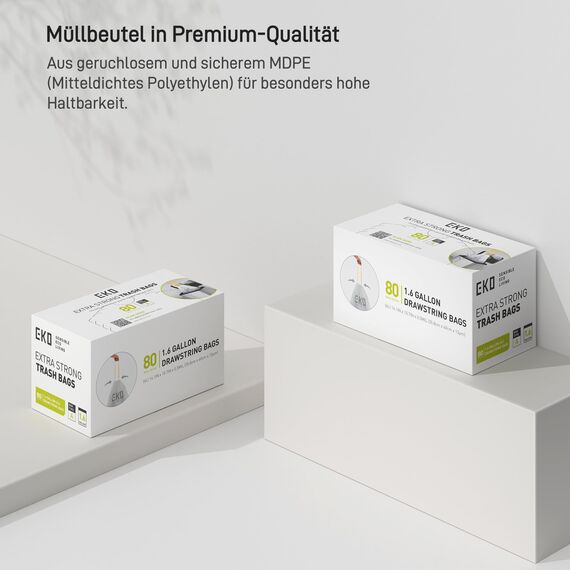 EKO Müllbeutel Größe A (3L- 6L), extra starke Müllsäcke mit Zugband für Küche und Bad, 80 Beutel, 1 Packung, weiß, klein, Geeignet für Mülleimer mit 3L, 4L, 5L, 6L