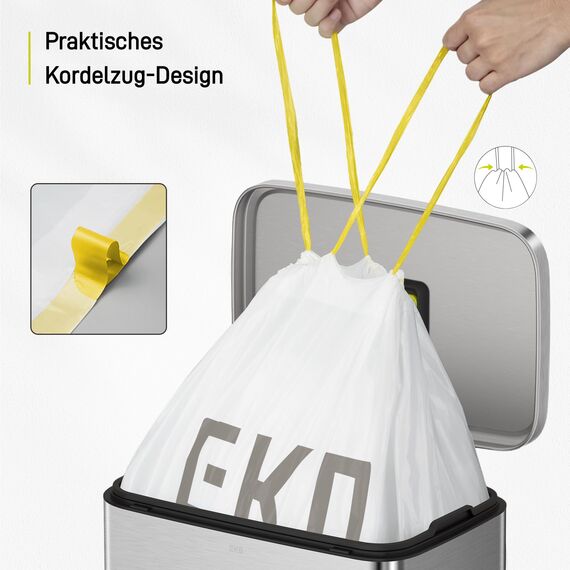EKO reißfest Müllbeutel mit Zugband, 60 Liter Müllsäcke, 60 Beuteln, extra starken, Schnellzugriffsbox, Auslaufsicher Mülltüten für sicheren Halt am Mülleimer, weiß, Größe F