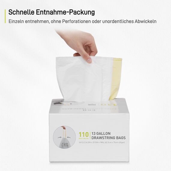 EKO extralange Müllbeutel mit Zugband, 30 Liter Müllsäcke, 100 Beuteln, extra starken, Schnellzugriffsbox, Perfekte Passform für Recycling-Mülleimer, Auslaufsicher, weiß, Größe F-1