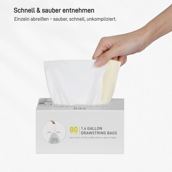 EKO Müllbeutel Größe A (3L- 6L), extra starke Müllsäcke mit Zugband für Küche und Bad, 80 Beutel, 1 Packung, weiß, klein, Geeignet für Mülleimer mit 3L, 4L, 5L, 6L