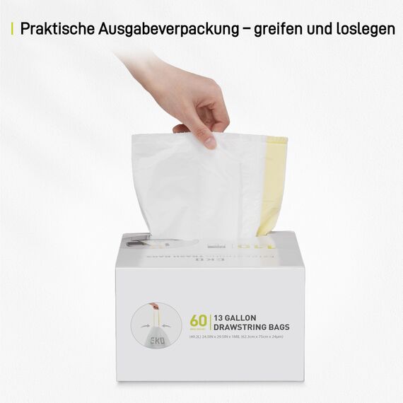 EKO reißfest Müllbeutel mit Zugband, 60 Liter Müllsäcke, 60 Beuteln, extra starken, Schnellzugriffsbox, Auslaufsicher Mülltüten für sicheren Halt am Mülleimer, weiß, Größe F