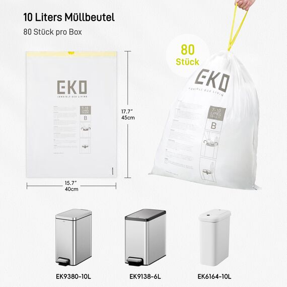 EKO Müllbeutel, einfach zu verwenden, extra starker Kordelzug, klein, 80 Stück, 7–10 l, 1 Packung, Weiß, Code B