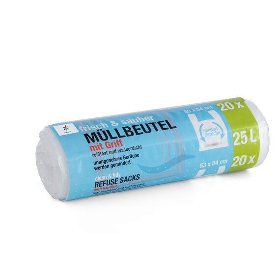 60 Stück Müllbeutel Premiumline: 25 Liter, 3 Rollen, Größe: 53 x 54 cm - Besonders reißfest und wasserdicht - Mit Trage-Griff/Henkel