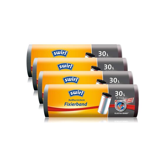 Swirl Fixierband-Müllbeutel extralang, 30 Liter, 4 Rollen mit je 10 Beuteln, Anthrazit