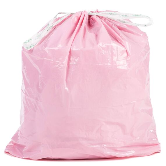 Relevo Rosa Müllbeutel mit Zugband – 30L (B 55 cm x H 60 cm), 90 Beutel (6 Rollen × 15 Beutel) | mit Duft & Extra Stark | 100% Recyceltes LDPE aus Gewächshäusern | Zertifiziert (Blauer Engel)