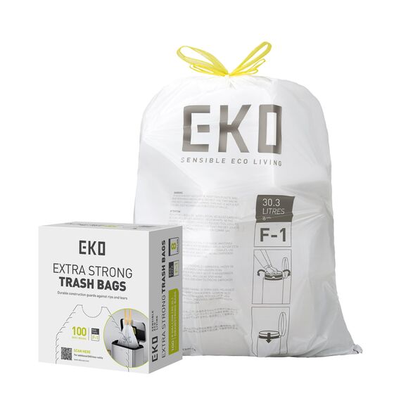 EKO extralange Müllbeutel mit Zugband, 30 Liter Müllsäcke, 100 Beuteln, extra starken, Schnellzugriffsbox, Perfekte Passform für Recycling-Mülleimer, Auslaufsicher, weiß, Größe F-1