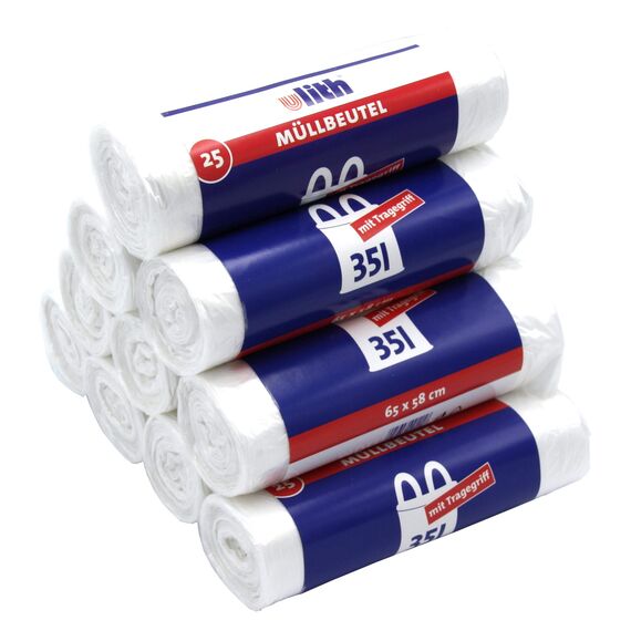Ulith 35-Liter-Müllbeutel mit Tragegriff, 35 Liter reißfest und flüssigkeitsdicht recycelbares Produkt und Verpackung