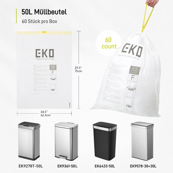 EKO reißfest Müllbeutel mit Zugband, 60 Liter Müllsäcke, 60 Beuteln, extra starken, Schnellzugriffsbox, Auslaufsicher Mülltüten für sicheren Halt am Mülleimer, weiß, Größe F