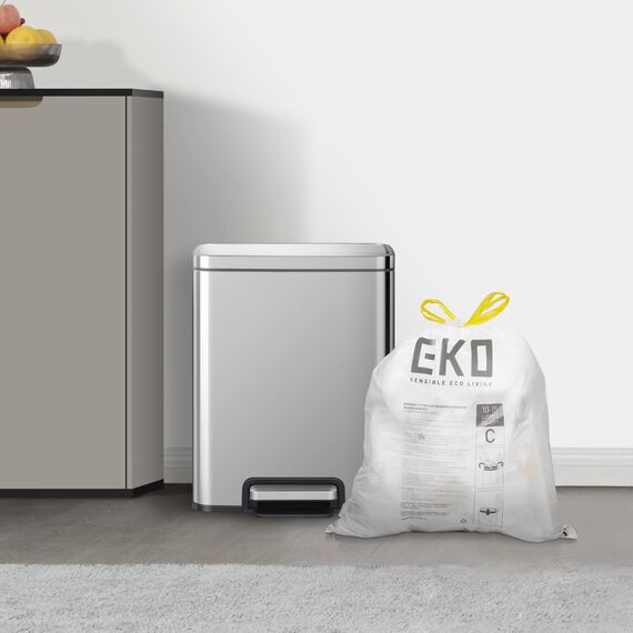 EKO Müllbeutel Größe C (10L- 15L), extra starke Müllsäcke mit Zugband für Küche und Bad, 80 Beutel, 1 Packung, weiß, Geeignet für Mülleimer mit 10L, 12L, 15L