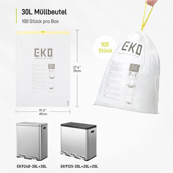 EKO extralange Müllbeutel mit Zugband, 30 Liter Müllsäcke, 100 Beuteln, extra starken, Schnellzugriffsbox, Perfekte Passform für Recycling-Mülleimer, Auslaufsicher, weiß, Größe F-1