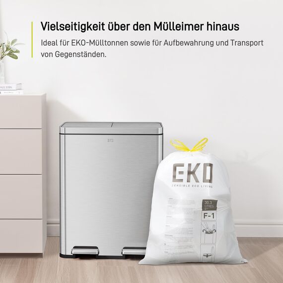 EKO extralange Müllbeutel mit Zugband, 30 Liter Müllsäcke, 100 Beuteln, extra starken, Schnellzugriffsbox, Perfekte Passform für Recycling-Mülleimer, Auslaufsicher, weiß, Größe F-1