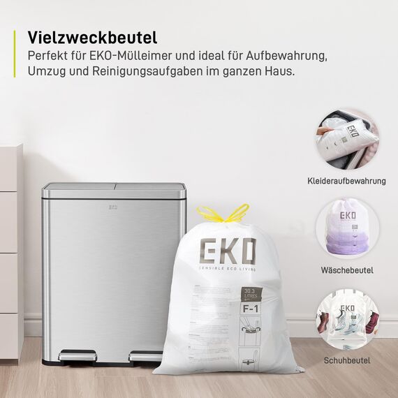 EKO Größe F-1 Müllbeutel (30.3L), extra starke Müllsäcke mit Zugband für Küche, 20 Beutel, weiß, Perfekte Passform für Recycling-Mülleimer mit mehreren Fächern