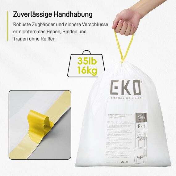 EKO extralange Müllbeutel mit Zugband, 30 Liter Müllsäcke, 100 Beuteln, extra starken, Schnellzugriffsbox, Perfekte Passform für Recycling-Mülleimer, Auslaufsicher, weiß, Größe F-1