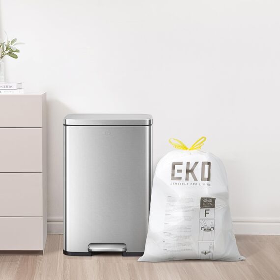 EKO reißfest Müllbeutel mit Zugband, 60 Liter Müllsäcke, 60 Beuteln, extra starken, Schnellzugriffsbox, Auslaufsicher Mülltüten für sicheren Halt am Mülleimer, weiß, Größe F