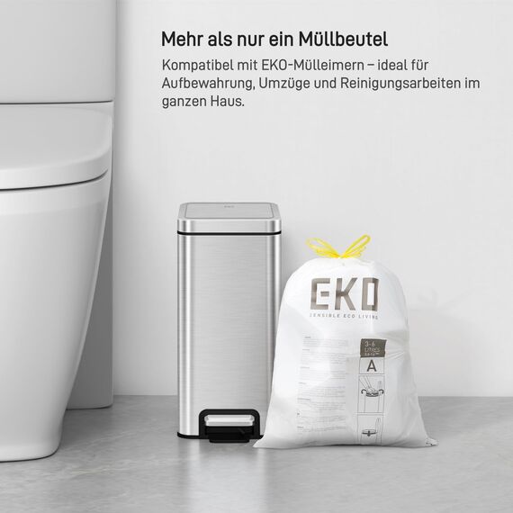 EKO Müllbeutel Größe A (3L- 6L), extra starke Müllsäcke mit Zugband für Küche und Bad, 80 Beutel, 1 Packung, weiß, klein, Geeignet für Mülleimer mit 3L, 4L, 5L, 6L