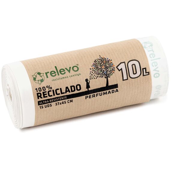 Relevo Kleine Weiße Müllbeutel mit Zugband – 10L (B 37 cm × H 45 cm), 15 Beutel pro Rolle | mit Duft & Extra Stark | 100% Recyceltes LDPE aus Gewächshäusern | Zertifiziert (Blauer Engel)