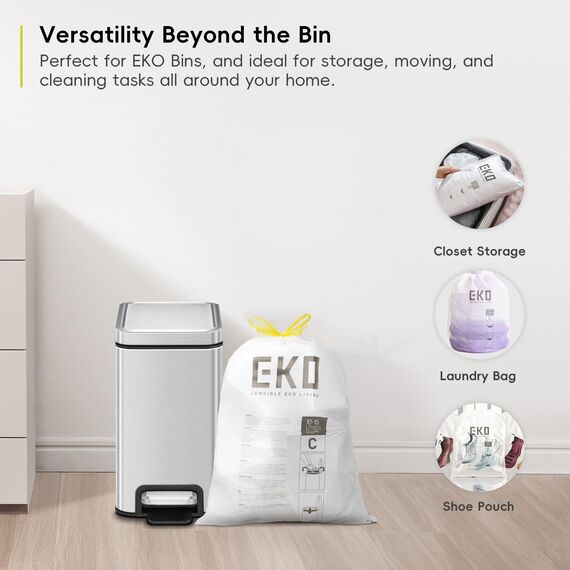 EKO Müllbeutel Größe C (10L- 15L), extra starke Müllsäcke mit Zugband für Küchenmülleimer, 20 Beutel, 1 Packung, weiß, reißfeste Mülltüten für sicheren Halt am Mülleimer