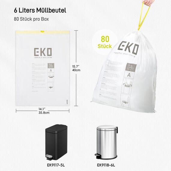 EKO Müllbeutel Größe A (3L- 6L), extra starke Müllsäcke mit Zugband für Küche und Bad, 80 Beutel, 1 Packung, weiß, klein, Geeignet für Mülleimer mit 3L, 4L, 5L, 6L
