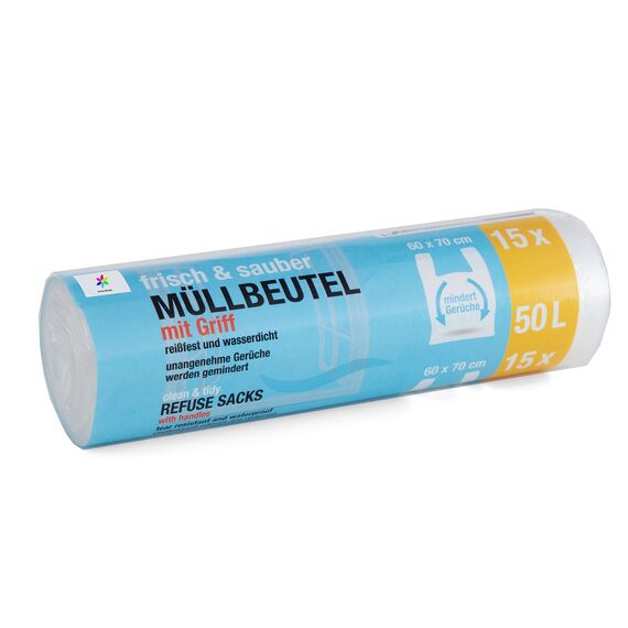 150 Stück Müllbeutel Premiumline: 50 Liter, 10er Pack, Größe: 60 x 70 cm - Besonders reißfest und wasserdicht - Mit Trage-Griff/Henkel