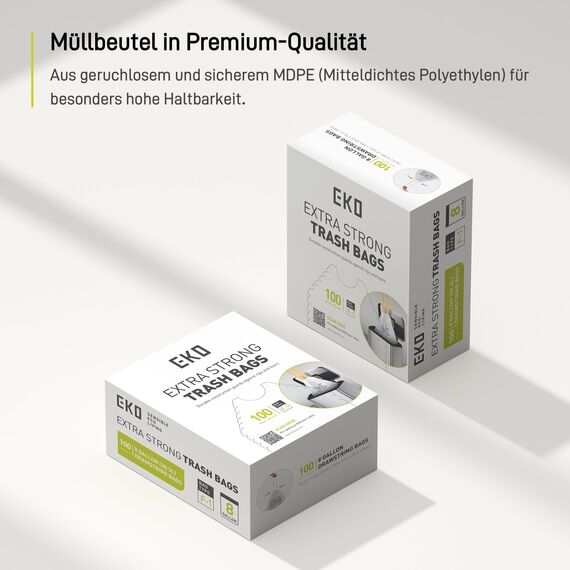 EKO extralange Müllbeutel mit Zugband, 30 Liter Müllsäcke, 100 Beuteln, extra starken, Schnellzugriffsbox, Perfekte Passform für Recycling-Mülleimer, Auslaufsicher, weiß, Größe F-1