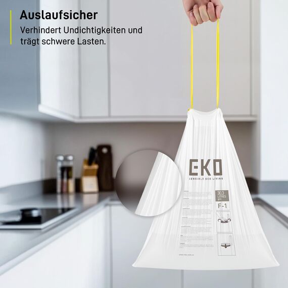 EKO Größe F-1 Müllbeutel (30.3L), extra starke Müllsäcke mit Zugband für Küche, 20 Beutel, weiß, Perfekte Passform für Recycling-Mülleimer mit mehreren Fächern