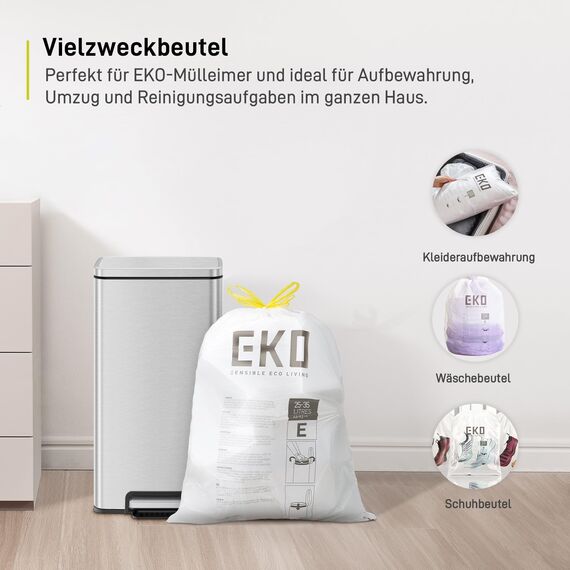 EKO Müllbeutel 25–35L, Reißfeste Müllsäcke mit praktischem Zugband, Größe E, Extra starke & dichte Mülltüten für Küchenmülleimer, 12 Stück, Weiß