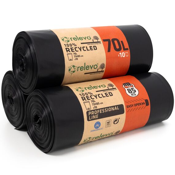 Relevo Professionelle Schwarze Schwerlast-Müllsäcke – 70L (B 73 cm × H 85 cm), 30 Säcke (3 Rollen × 10 Säcke) | Extra Stark & Auslaufsicher | 75 µm (Mikrometer) | 100% Recyceltes LDPE