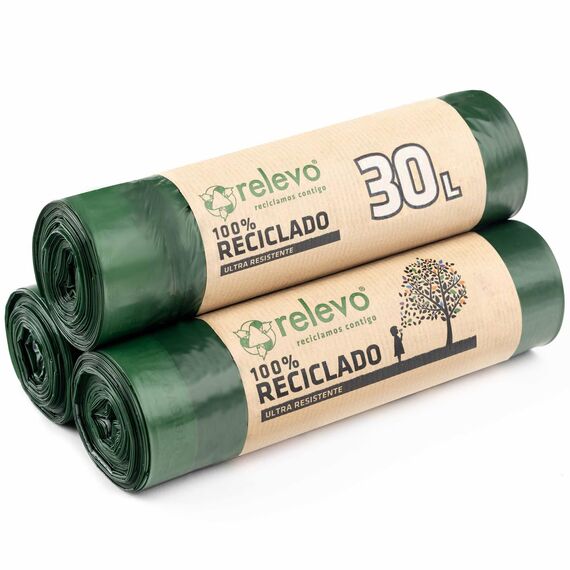 Relevo Grüne Müllbeutel mit Zugband – 30L (B 55 cm x H 60 cm), 45 Beutel (3 Rollen × 15 Beutel) | Extra Starke Müllsäcke | 100% Recyceltes LDPE aus Gewächshäusern | Zertifiziert (Blauer Engel)