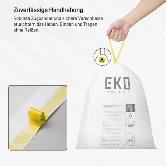 EKO Müllbeutel Größe A (3L- 6L), extra starke Müllsäcke mit Zugband für Küche und Bad, 80 Beutel, 1 Packung, weiß, klein, Geeignet für Mülleimer mit 3L, 4L, 5L, 6L