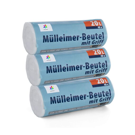 120 Stück Müllbeutel Premiumline: 20 Liter, 3er Pack, Größe: 50 x 51 cm - Besonders reißfest und wasserdicht - Mit Trage-Griff/Henkel