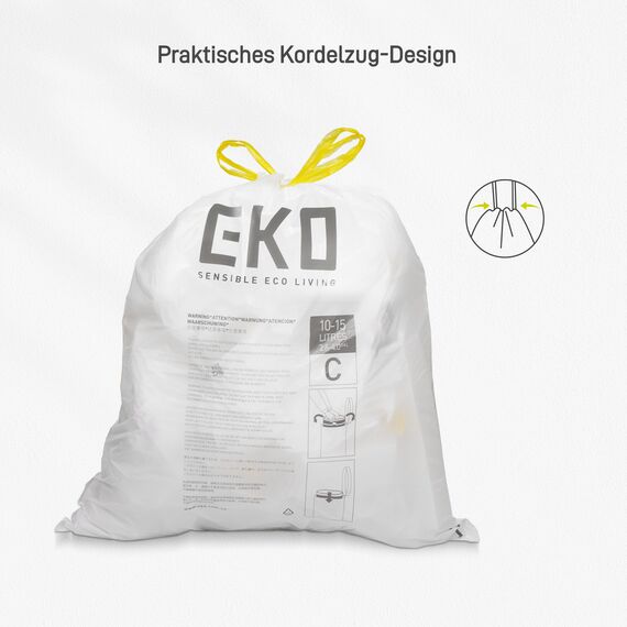 EKO Müllbeutel Größe C (10L- 15L), extra starke Müllsäcke mit Zugband für Küche und Bad, 80 Beutel, 1 Packung, weiß, Geeignet für Mülleimer mit 10L, 12L, 15L