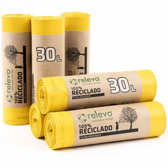 Relevo Gelbe Säcke – 90 Stück Müllbeutel 25L bis 30L mit Zugband, nachhaltig aus recyceltem Kunststoff, Anti-Leak-System, gelbe Mülltüten, passend für Müllsackständer 38–48 cm Höhe