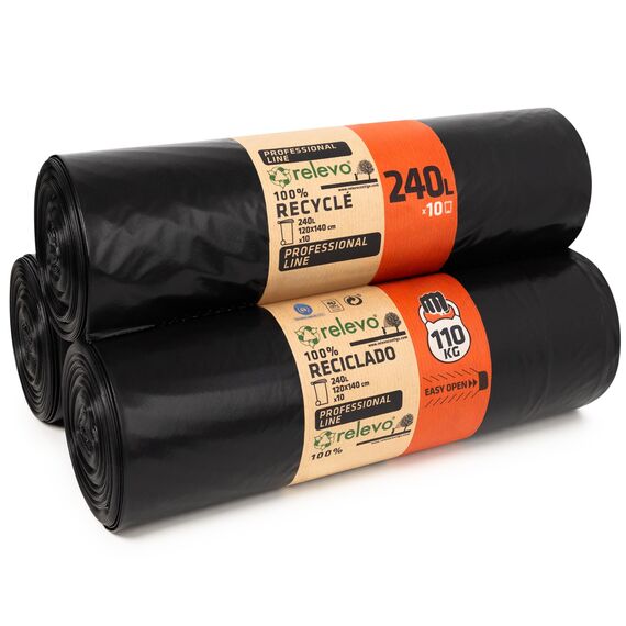 Relevo Professionelle Schwarze Schwerlast-Mülltonnensäcke – 240L (B 120 cm × H 140 cm), 30 Säcke (3 Rollen × 10 Säcke) | Extra Stark & Auslaufsicher | 55 µm (Mikrometer) | 100% Recyceltes LDPE