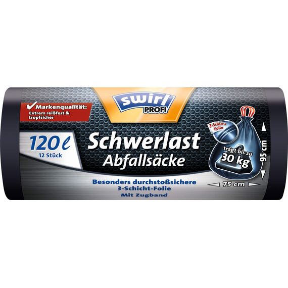 Swirl Profi Schwerlast-Abfallsäcke mit Zugband, 120 Liter, Reißfest, 2 Rollen mit je 12 Säcken