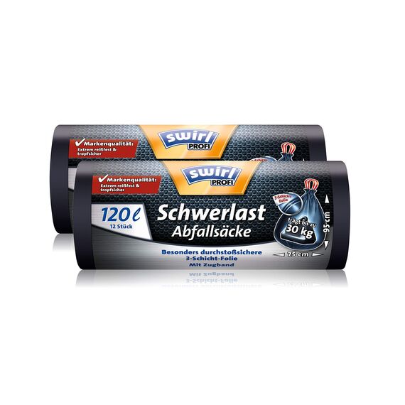 Swirl Profi Schwerlast-Abfallsäcke mit Zugband, 120 Liter, Reißfest, 2 Rollen mit je 12 Säcken