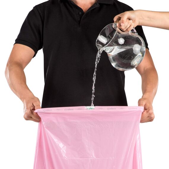 Relevo Rosa Müllbeutel mit Zugband – 30L (B 55 cm x H 60 cm), 90 Beutel (6 Rollen × 15 Beutel) | mit Duft & Extra Stark | 100% Recyceltes LDPE aus Gewächshäusern | Zertifiziert (Blauer Engel)