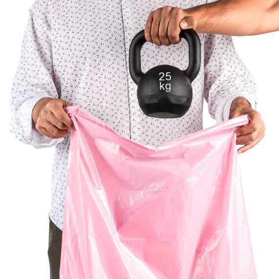 Relevo Rosa Müllbeutel mit Zugband – 30L (B 55 cm x H 60 cm), 90 Beutel (6 Rollen × 15 Beutel) | mit Duft & Extra Stark | 100% Recyceltes LDPE aus Gewächshäusern | Zertifiziert (Blauer Engel)