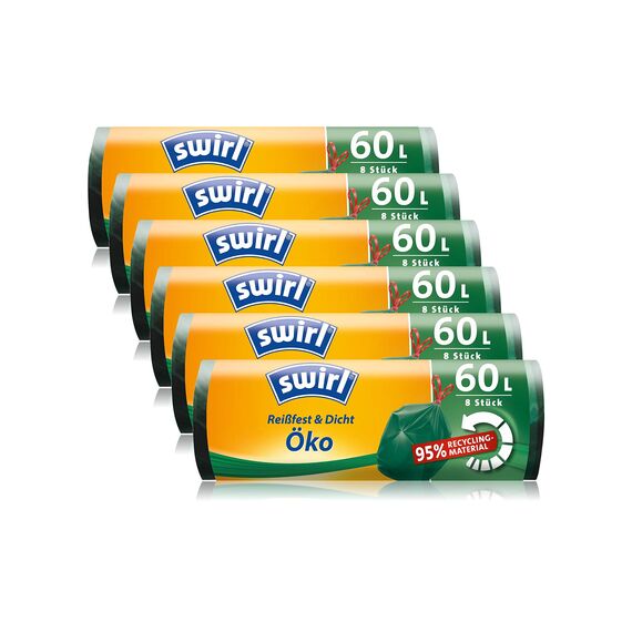 Swirl Öko-Müllbeutel mit Zugband, 60 Liter, 6 Rollen mit je 8 Beuteln, Dunkelgrün