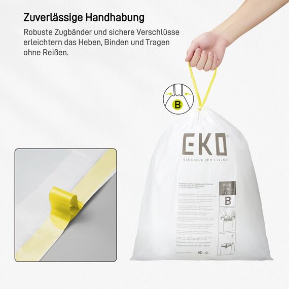 EKO Müllbeutel, einfach zu verwenden, extra starker Kordelzug, klein, 80 Stück, 7–10 l, 1 Packung, Weiß, Code B