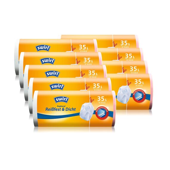 Swirl Zugband-Müllbeutel, 35 Liter, 9 Rollen mit je 15 Beuteln, Weiß