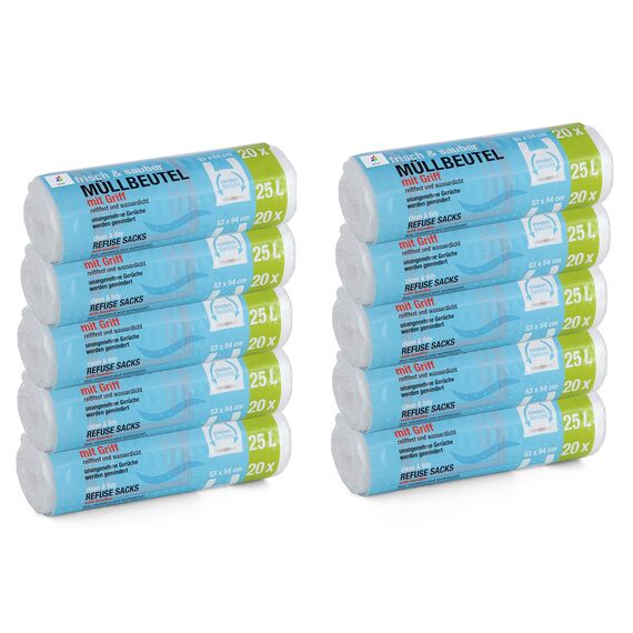 200 Stück Müllbeutel Premiumline: 25 Liter, 10er Pack, Größe: 53 x 54 cm - Besonders reißfest und wasserdicht - Mit Trage-Griff/Henkel