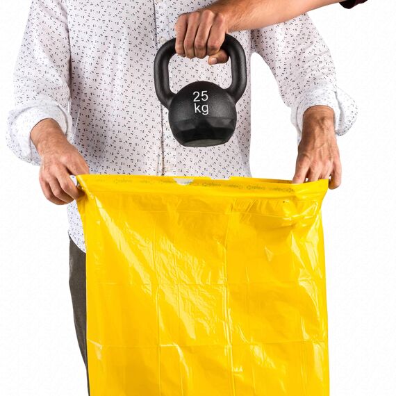 Relevo Gelbe Säcke – 90 Stück Müllbeutel 25L bis 30L mit Zugband, nachhaltig aus recyceltem Kunststoff, Anti-Leak-System, gelbe Mülltüten, passend für Müllsackständer 38–48 cm Höhe